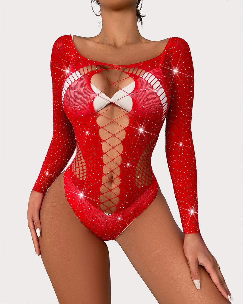 Red mesh rhinestone fishnet bodysuit, long sleeves, lace-up detail, sexy lingerie, Avidlove