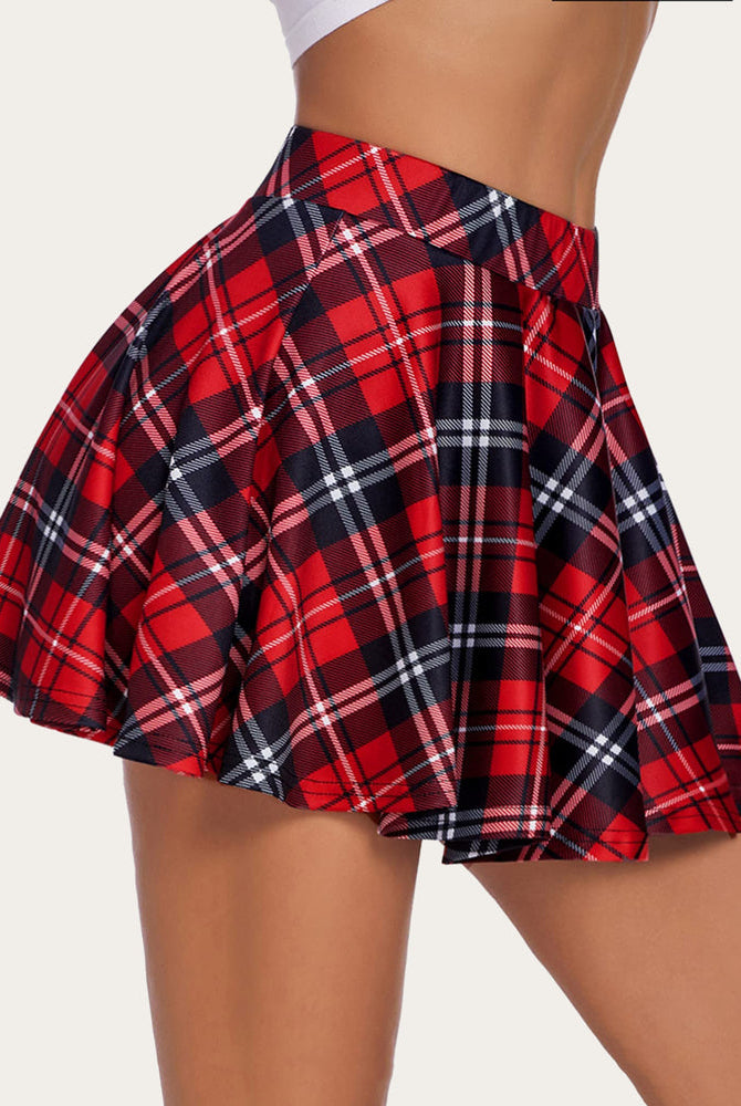 Red plaid A-line mini skirt, schoolgirl style, comfortable and stylish, flared silhouette