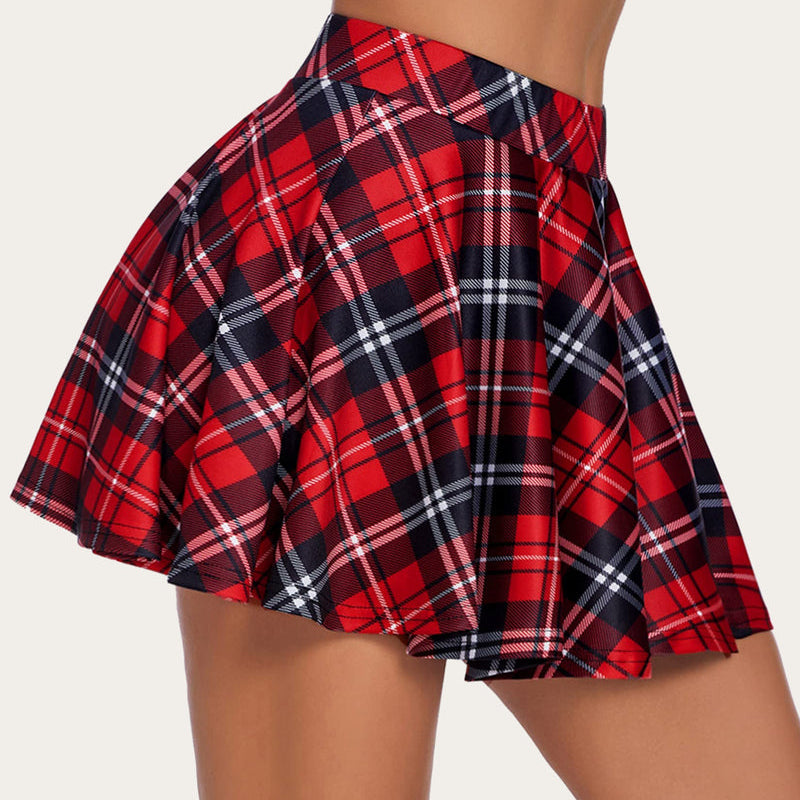 Red plaid A-line mini skirt, schoolgirl style, comfortable and stylish, flared silhouette