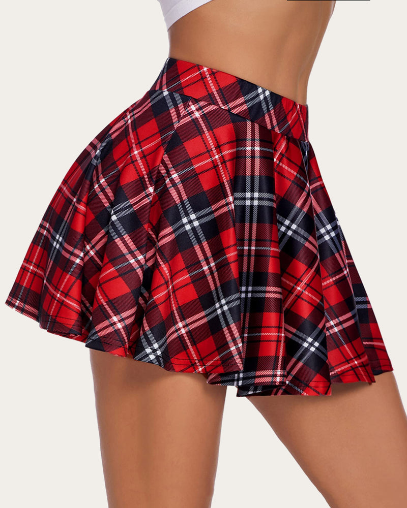 Red plaid A-line mini skirt, schoolgirl style, comfortable and stylish, flared silhouette