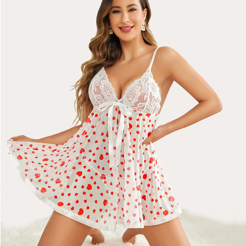 White lace babydoll with red heart print, romantic Valentine's lingerie with bow, on a model.