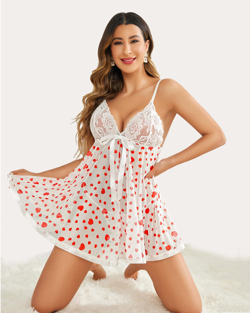 White lace babydoll with red heart print, romantic Valentine's lingerie with bow, on a model.