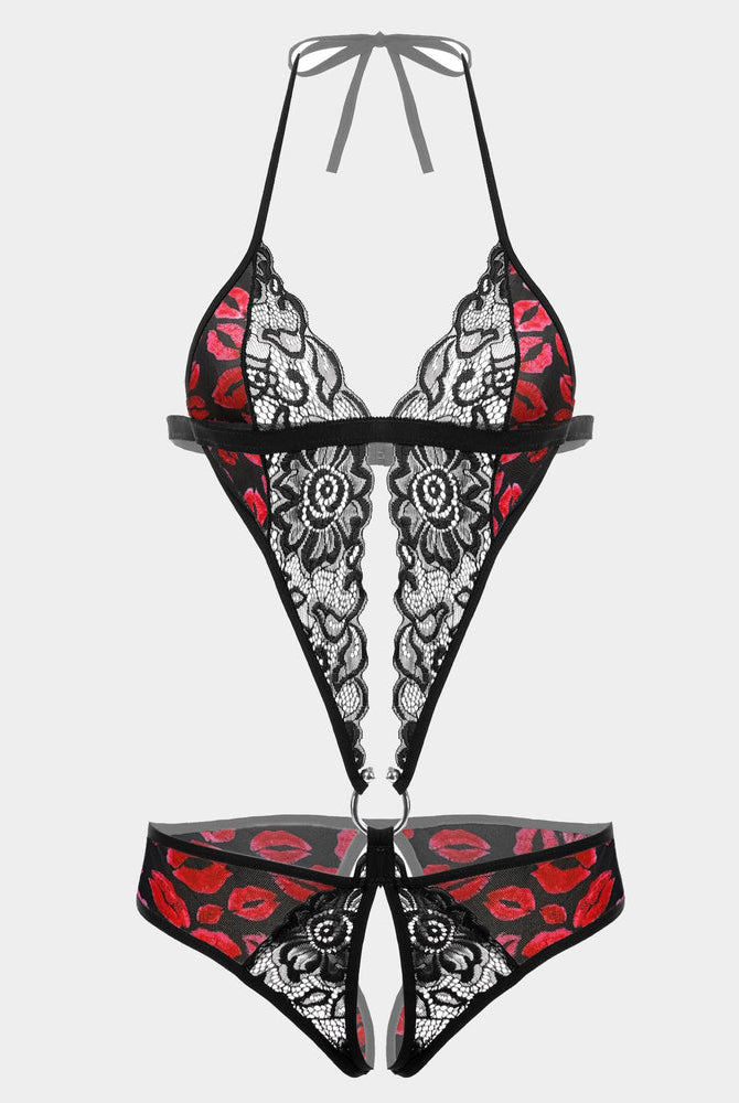Black lace bodysuit with red lipstick print, halter neck, and open-back brief; sexy lingerie