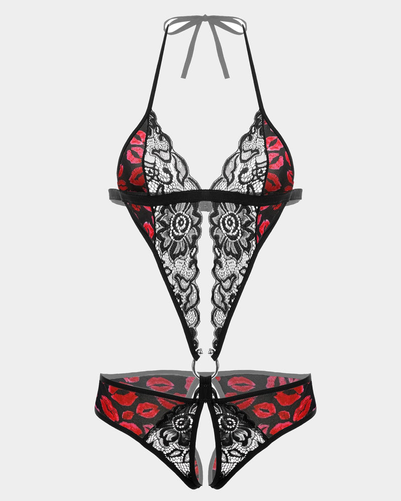 Black lace bodysuit with red lipstick print, halter neck, and open-back brief; sexy lingerie