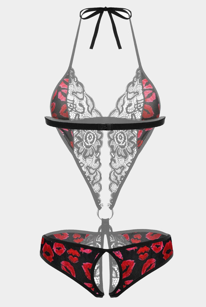 Black lace halter bodysuit with red lips print, open back brief; Sexy lingerie for women
