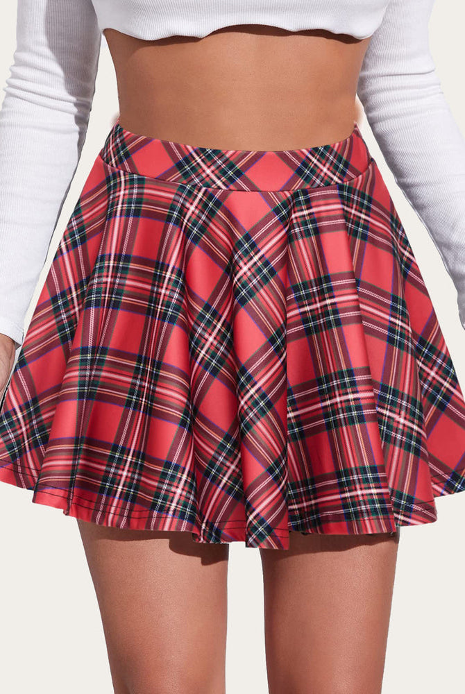 Red plaid A-line mini skirt, schoolgirl style, comfortable and breathable fabric.