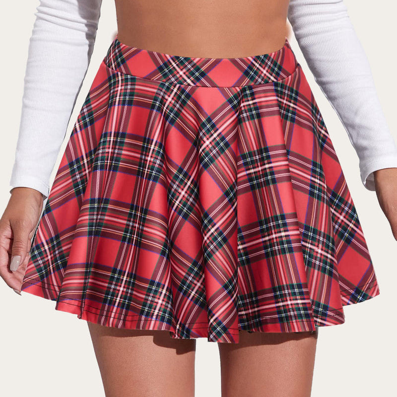 Red plaid A-line mini skirt, schoolgirl style, comfortable and breathable fabric.