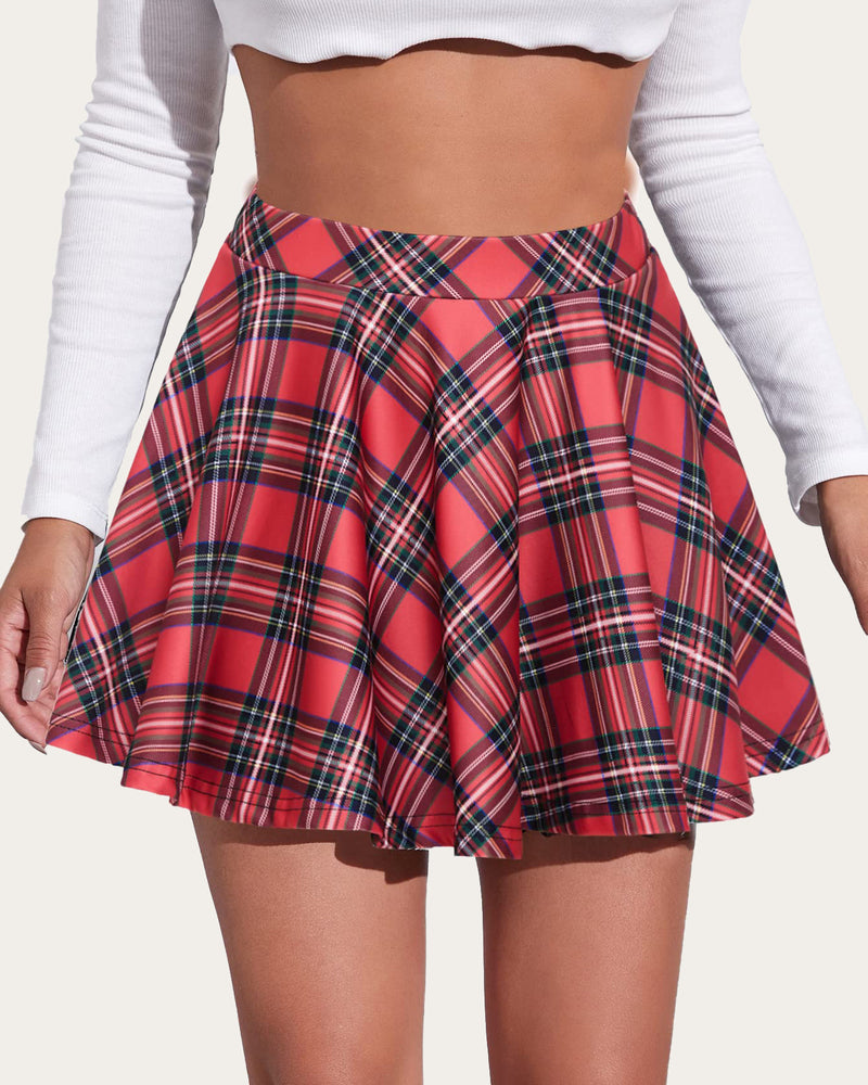 Red plaid A-line mini skirt with white crop top, schoolgirl style, comfortable and stylish outfit