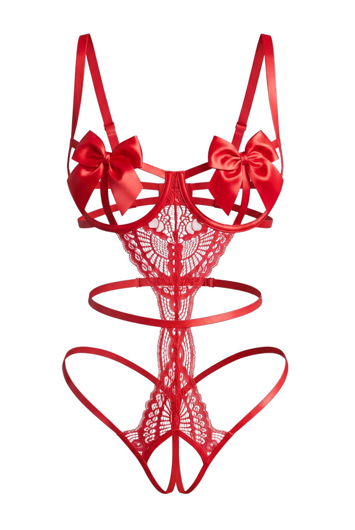 Red floral lace teddy with satin bow underwire cups and strappy cutouts