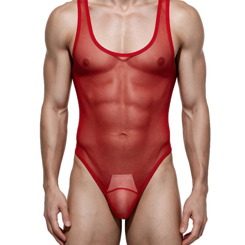 Red sheer mesh thong bodysuit with matching red trim, low-cut front
