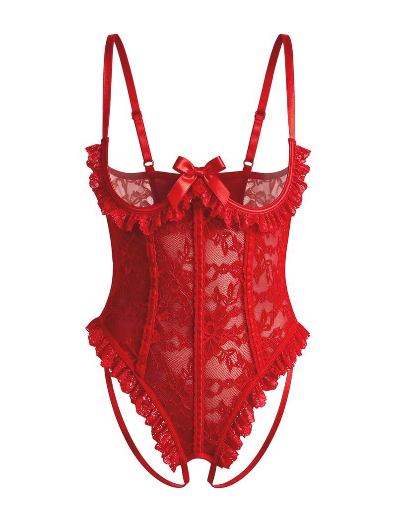 Red floral lace teddy bodysuit with sheer panels, ruffle trim, adjustable straps, and a bow