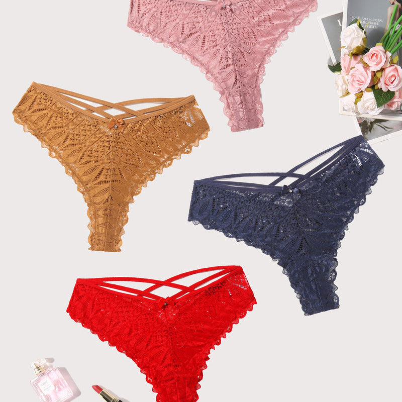 Avidlove Cheeky Panties: Lace criss-cross underwear in various colors like pink, gold, navy, and red