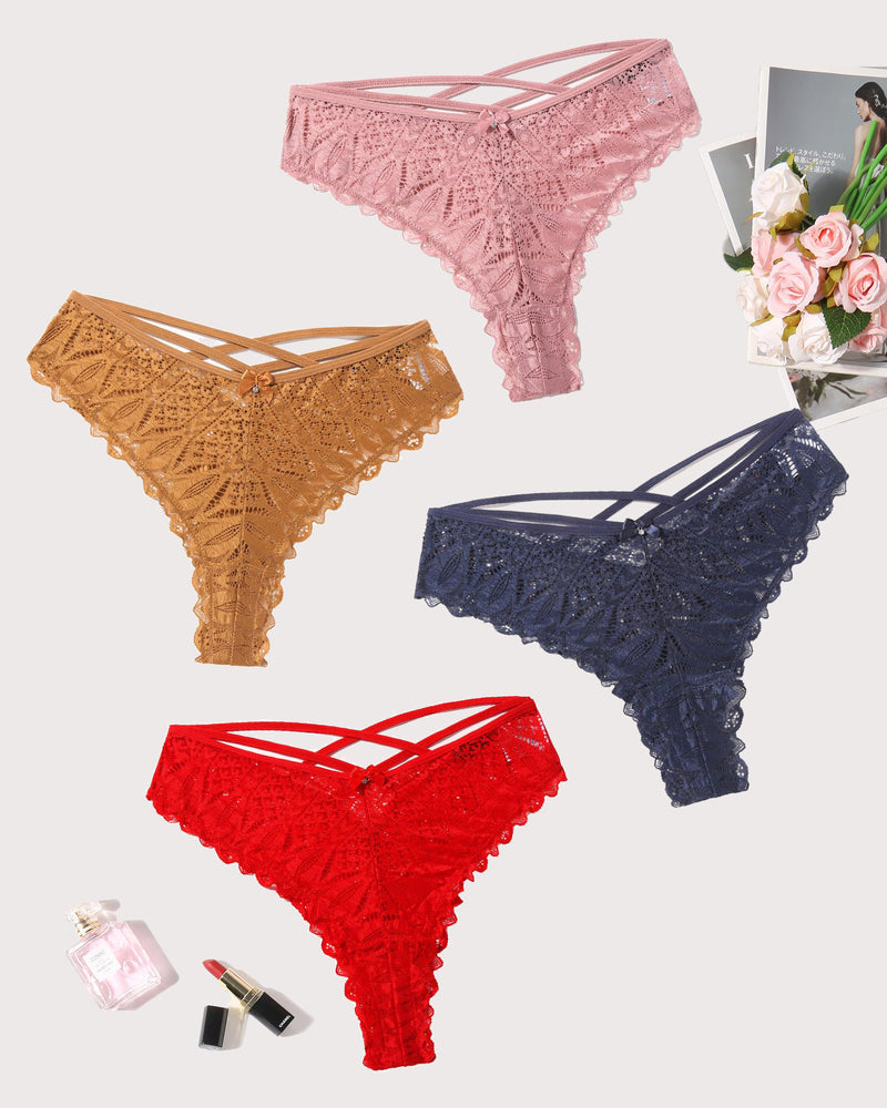 Avidlove Cheeky Panties: Lace criss-cross underwear in various colors like pink, gold, navy, and red