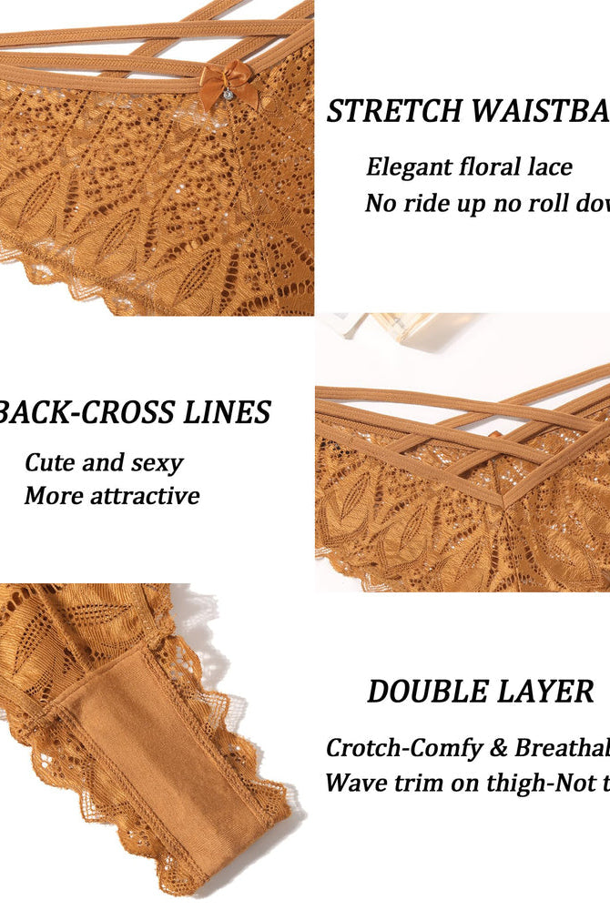 Brown lace Avidlove cheeky panties. Criss-cross back, double-layer crotch, and flattering wavy trim.