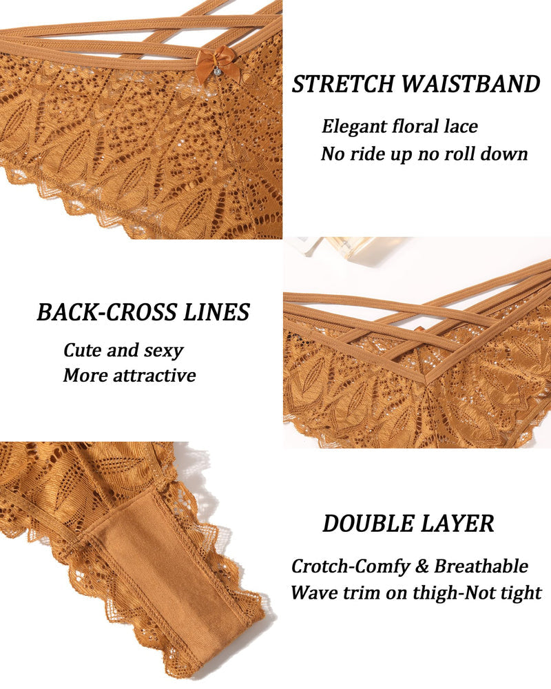 Brown lace Avidlove cheeky panties. Criss-cross back, double-layer crotch, and flattering wavy trim.