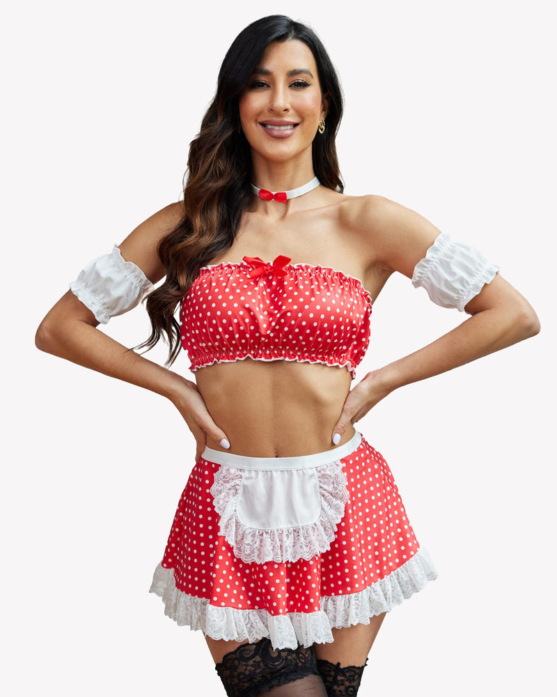 Red polka-dot Contrast Lace Maid Set, sexy lingerie, crop top, mini skirt with white lace.