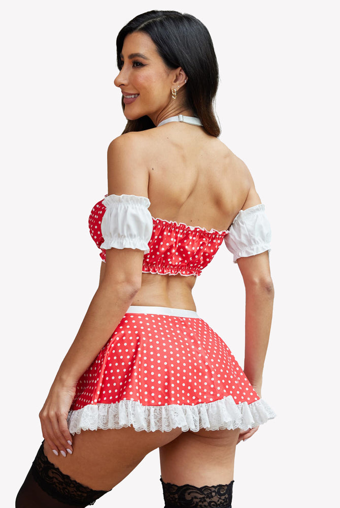 Contrast Lace Maid Set: Red polka-dot crop top and mini skirt with white lace trim; sexy lingerie.