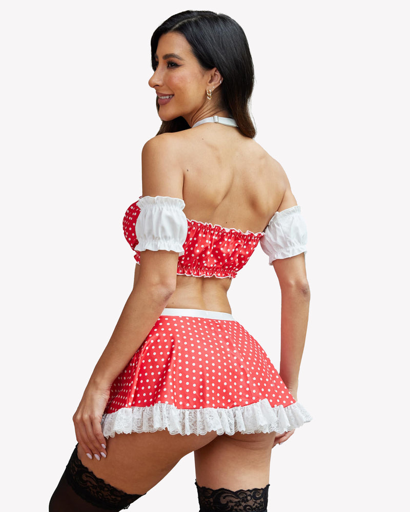 Contrast Lace Maid Set: Red polka-dot crop top and mini skirt with white lace trim; sexy lingerie.