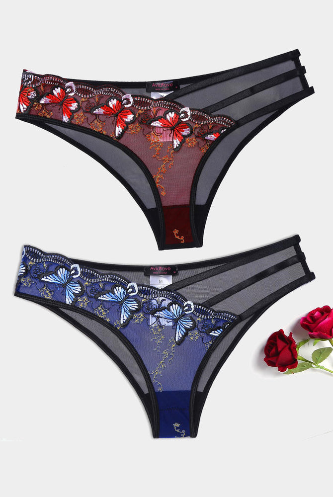Avidlove Butterfly Embroidered Mesh Panties in red and blue floral, triple straps, sexy lingerie