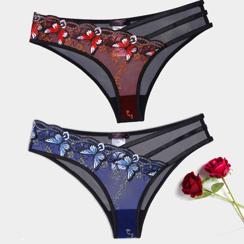 Avidlove Butterfly Embroidered Mesh Panties in red and blue floral, triple straps, sexy lingerie