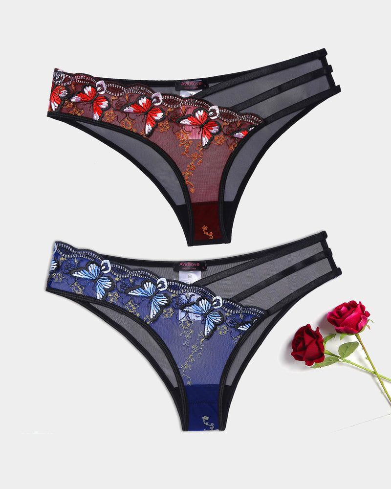 Avidlove Butterfly Embroidered Mesh Panties in red and blue floral, triple straps, sexy lingerie