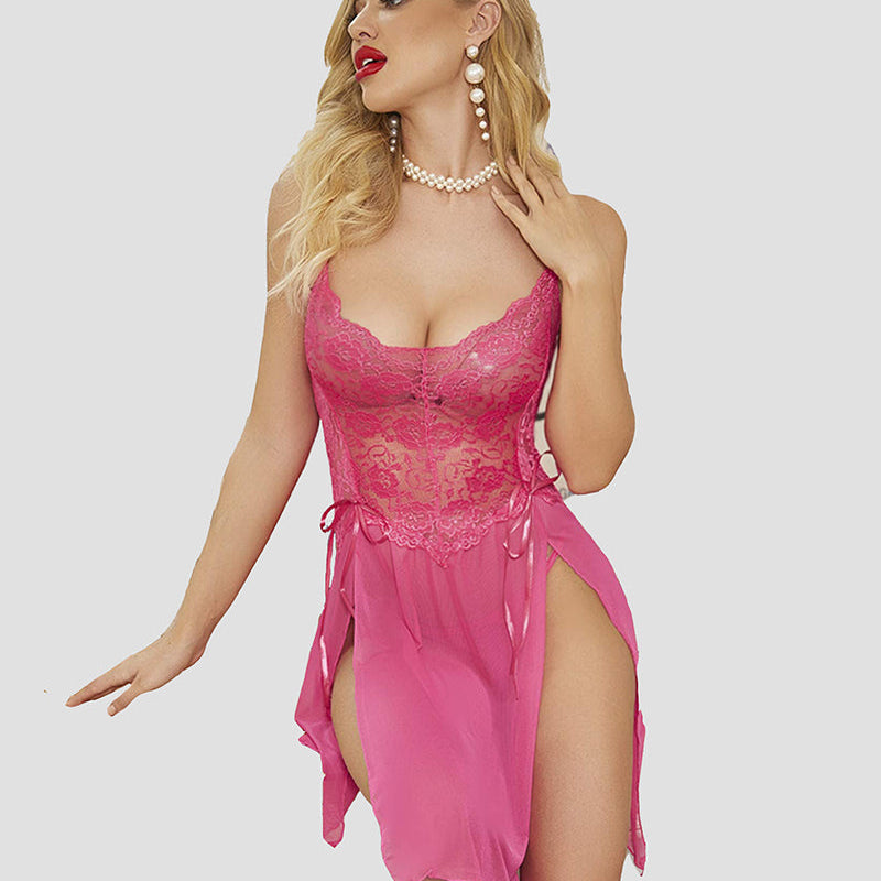 Pink lace babydoll dress with adjustable straps and side slit, sexy sleepwear for women