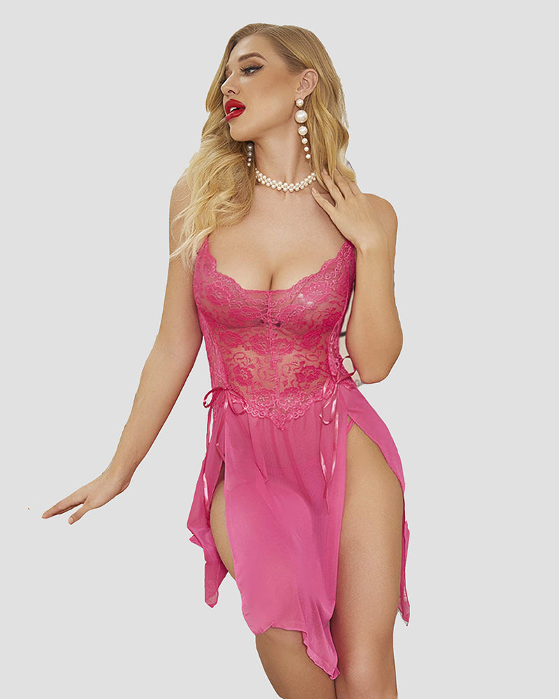 Pink lace babydoll dress with adjustable straps and side slit, sexy sleepwear for women