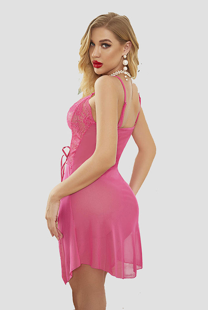 Pink lace babydoll sleepwear with adjustable straps, elegant and sexy lingerie for women. Avidlove.