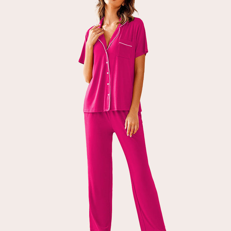 Magenta pajama set: Button-down shirt, long pants with white trim. Comfortable sleepwear.
