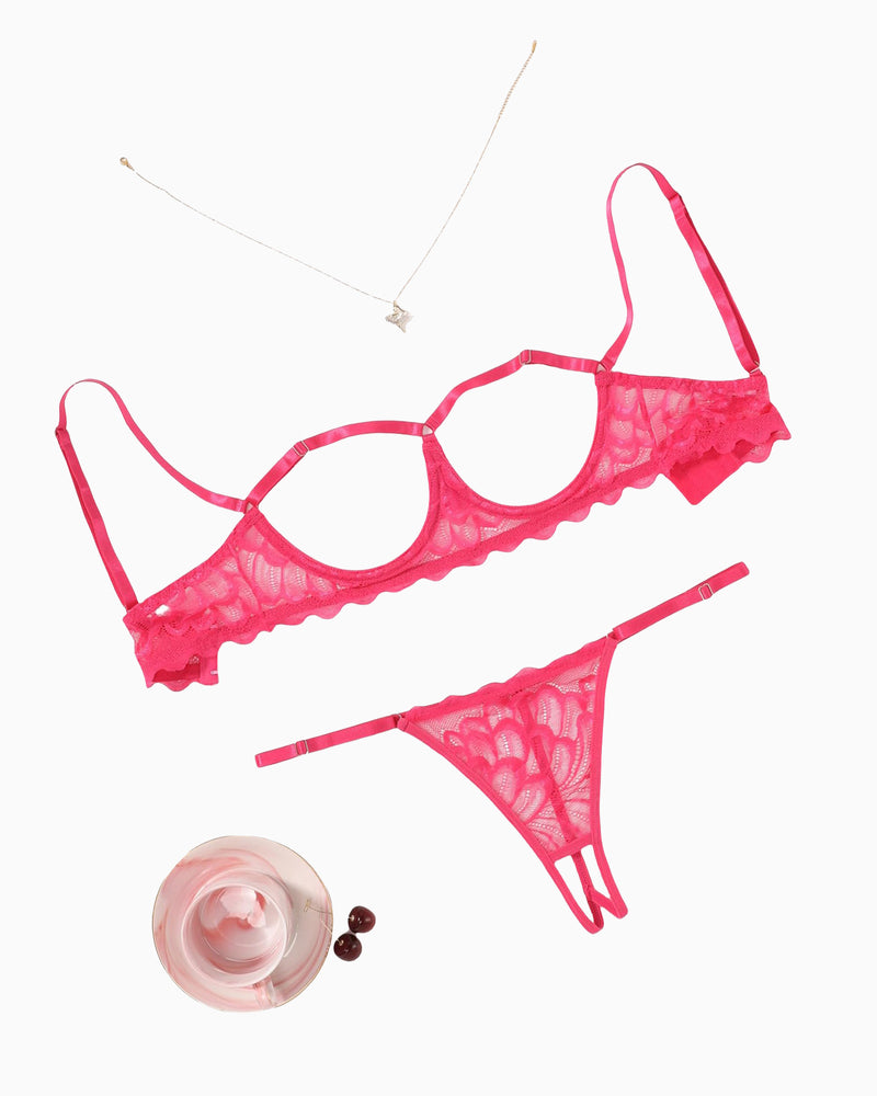Avidlove hot pink lace cupless bra and panty set. Sexy lingerie with adjustable straps for women.