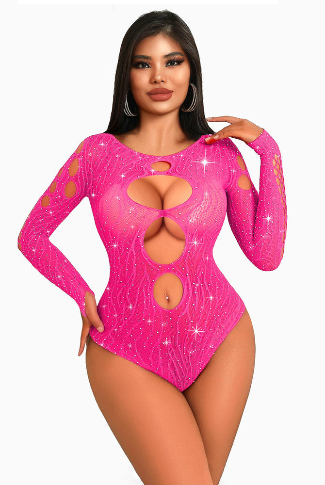 Hot pink rhinestone fishnet bodysuit with cut-out design, long sleeves, sexy lingerie for women