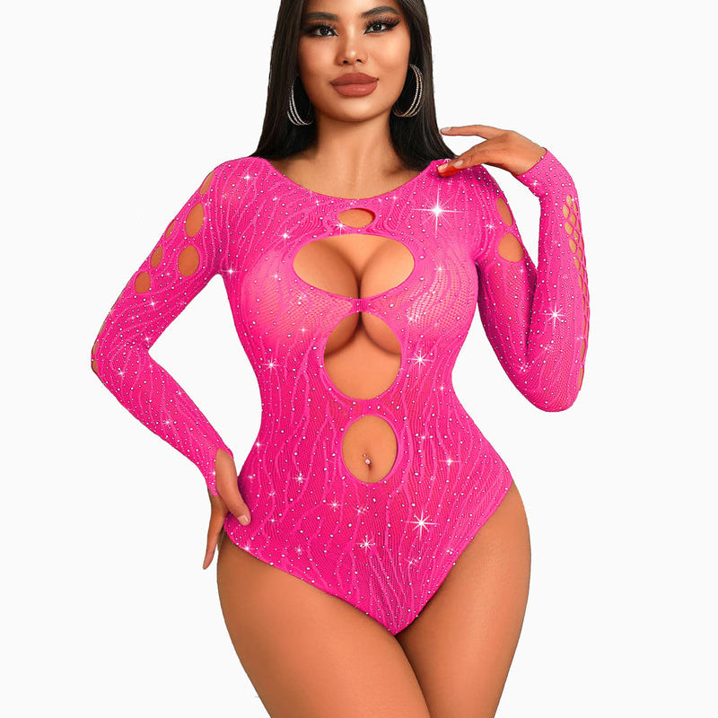 Hot pink rhinestone fishnet bodysuit with cut-out design, long sleeves, sexy lingerie for women