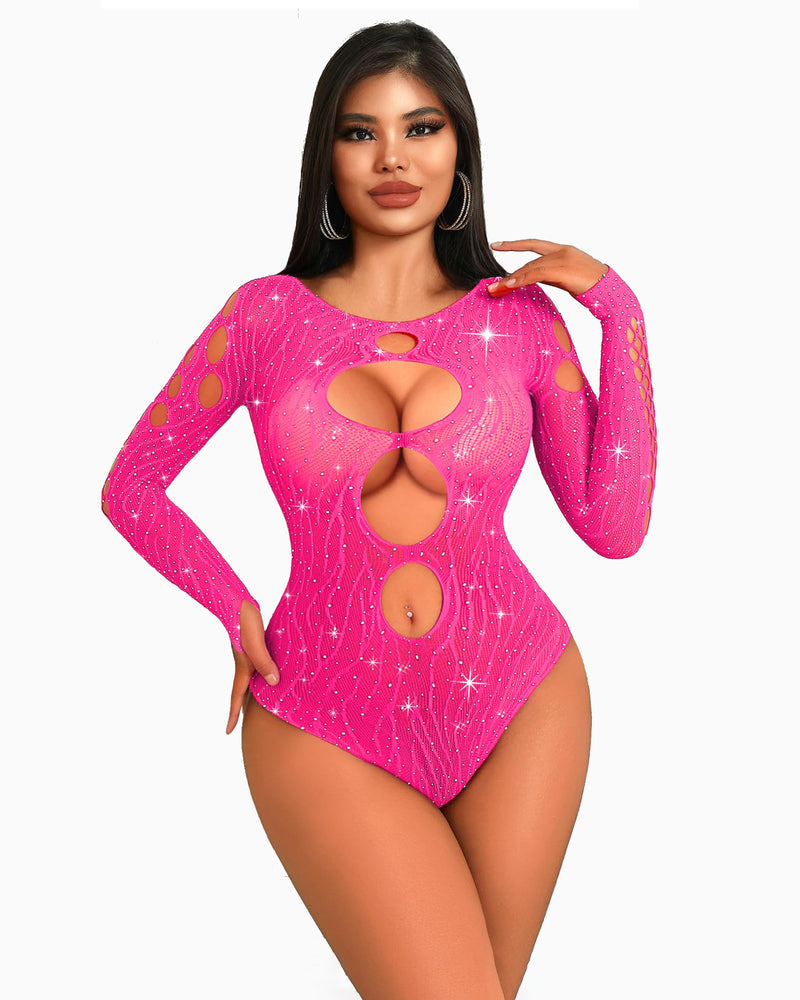 Hot pink rhinestone fishnet bodysuit with cut-out design, long sleeves, sexy lingerie for women