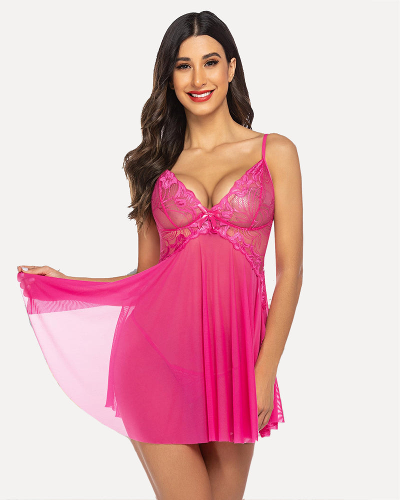 Pink lace babydoll lingerie. Adjustable straps, flowing skirt. Sexy bridal nightwear.