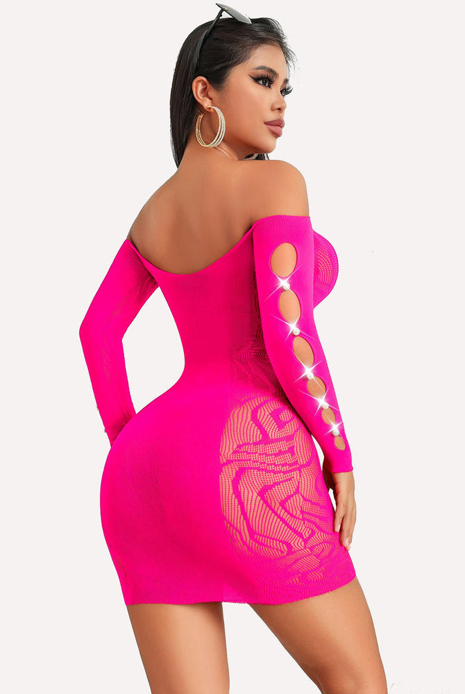 Neon pink fishnet off-shoulder mini dress with cutout sleeves, bodycon fit, lingerie style.