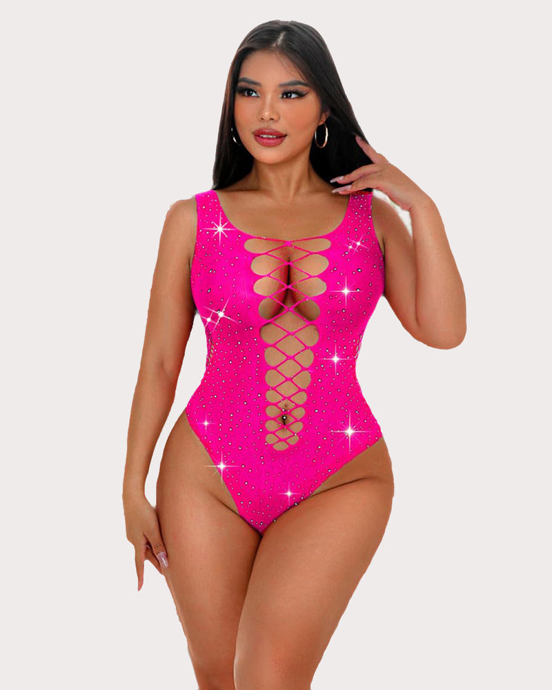 Hot pink rhinestone mesh fishnet bodysuit with lace-up front, sexy lingerie for women