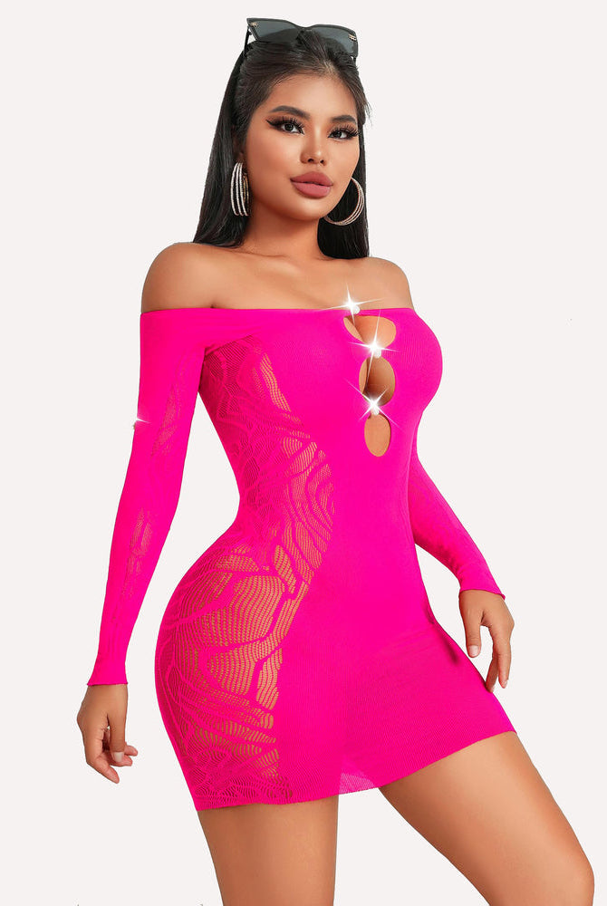 Neon pink fishnet mini dress with cutout detail, off-shoulder design, bodycon fit lingerie.