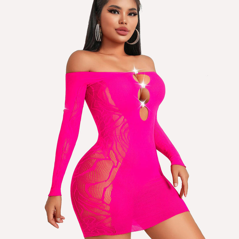 Neon pink fishnet mini dress with cutout detail, off-shoulder design, bodycon fit lingerie.
