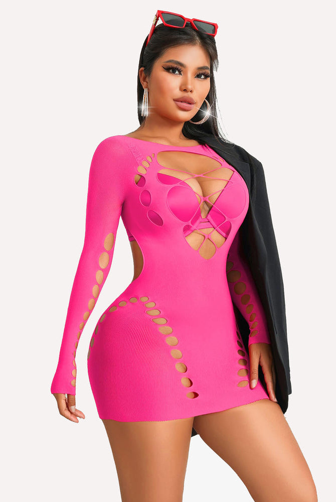 Hot pink fishnet mini dress with cut-out design; sexy lingerie for women, form-fitting style