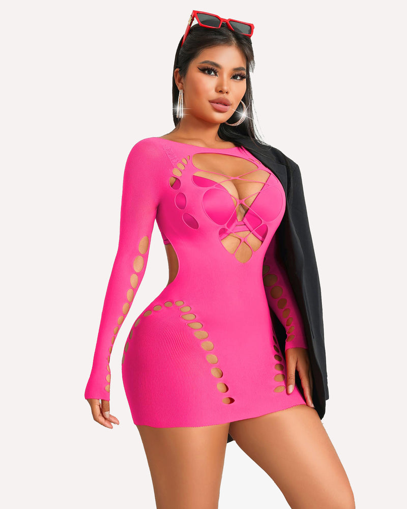 Hot pink fishnet mini dress with cut-out design; sexy lingerie for women, form-fitting style