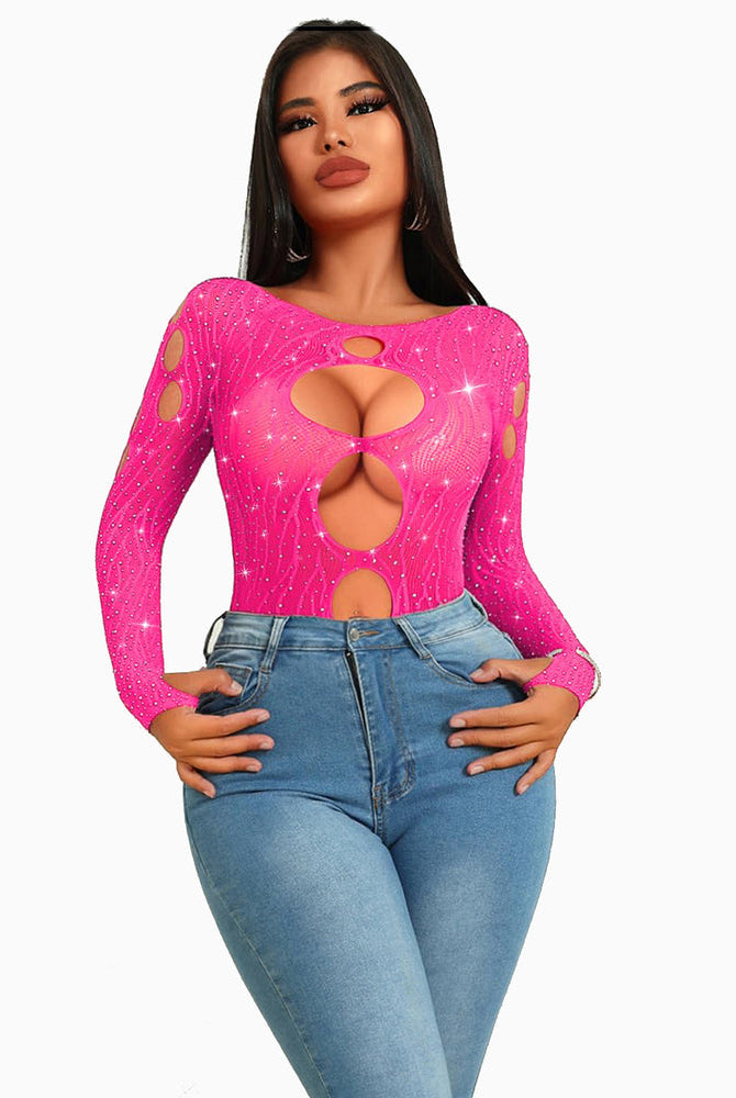 Pink rhinestone fishnet bodysuit; cut-out design, long sleeves, and jeans; sexy lingerie.