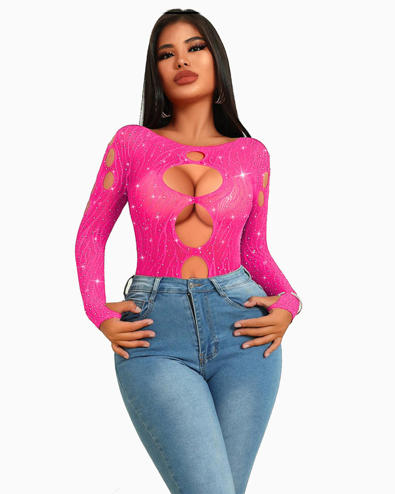 Pink rhinestone fishnet bodysuit; cut-out design, long sleeves, and jeans; sexy lingerie.