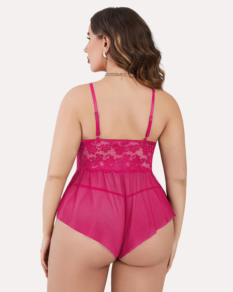 Plus size magenta lace teddy bodysuit with adjustable straps and ruffle trim