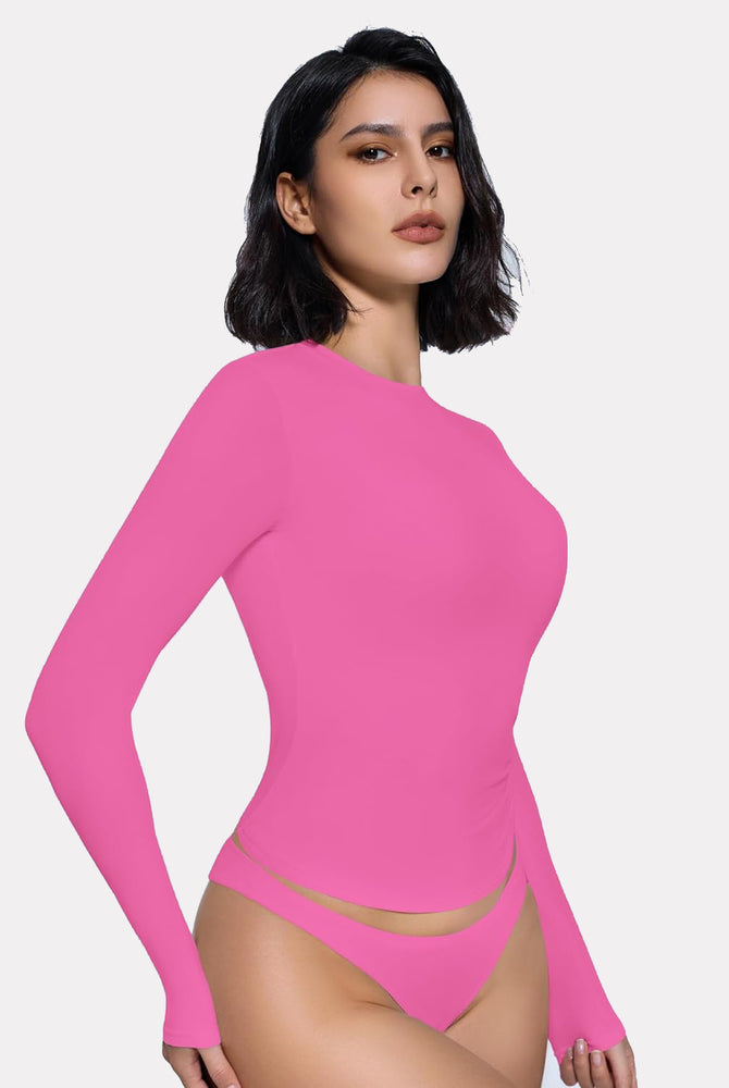 Hot pink double-lined Y2K long sleeve top and underwear set, lightweight breathable loungewear.