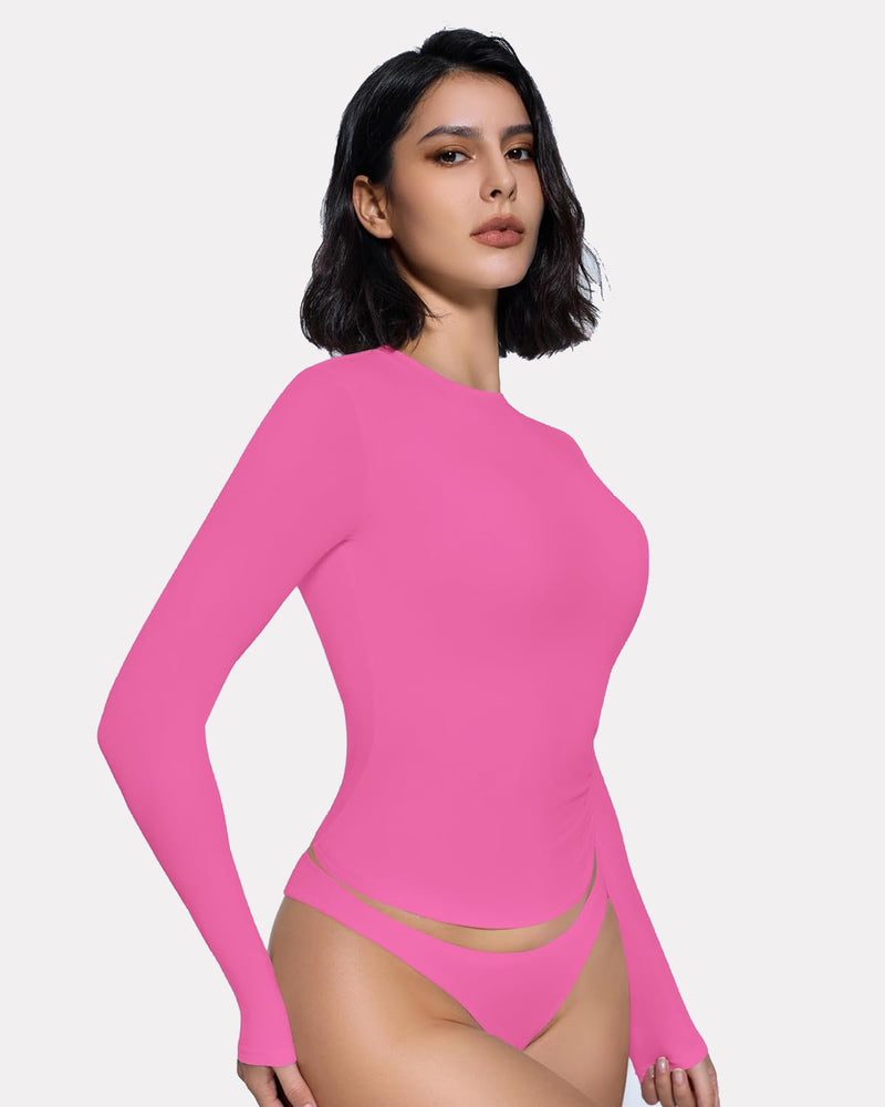 Hot pink double-lined Y2K long sleeve top and underwear set, lightweight breathable loungewear.
