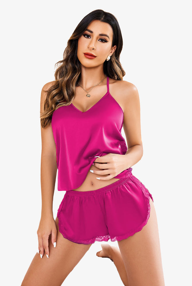 Fuchsia satin pajama set with lace trim, comfortable cami and shorts sleepwear by Avidlove