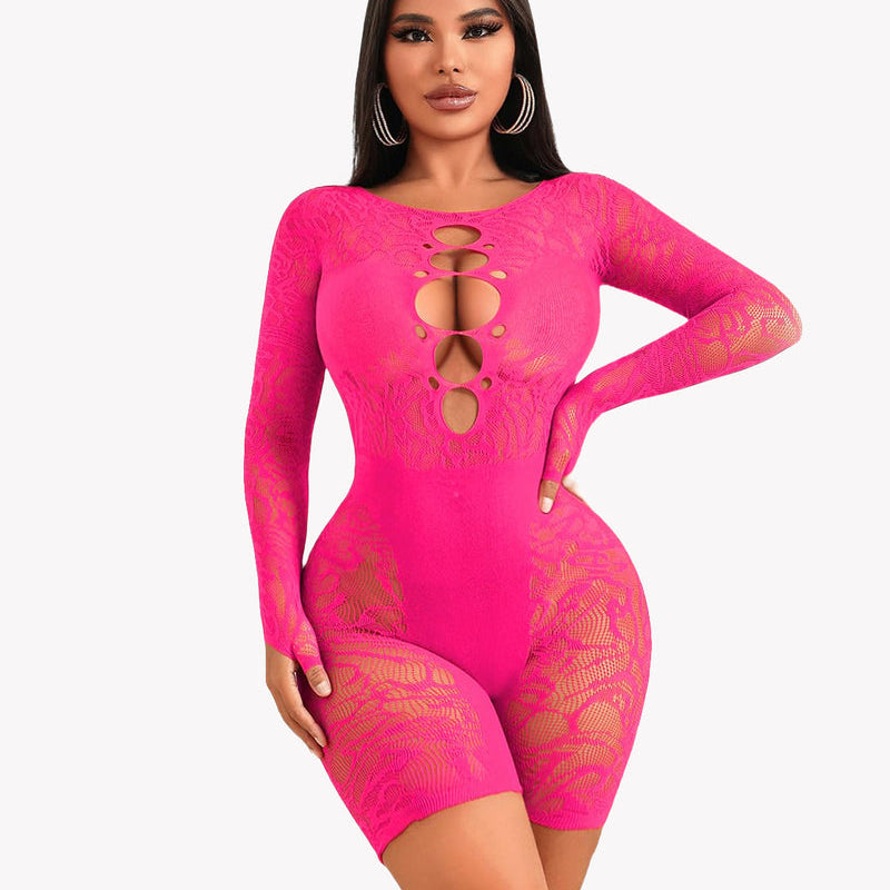 Hot pink fishnet bodysuit with chest cutout and lace detailing. Perfect sexy lingerie.