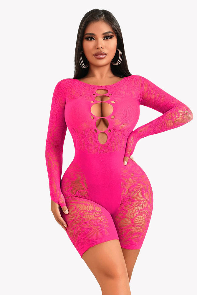 Hot pink fishnet bodysuit with chest cutout and lace detailing. Perfect sexy lingerie.