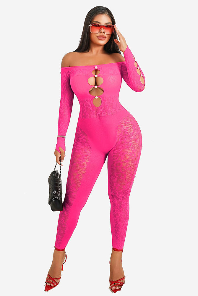 Pink fishnet bodysuit with off-shoulder design, pearl details, and lace. Sexy lingerie by Avidlove.