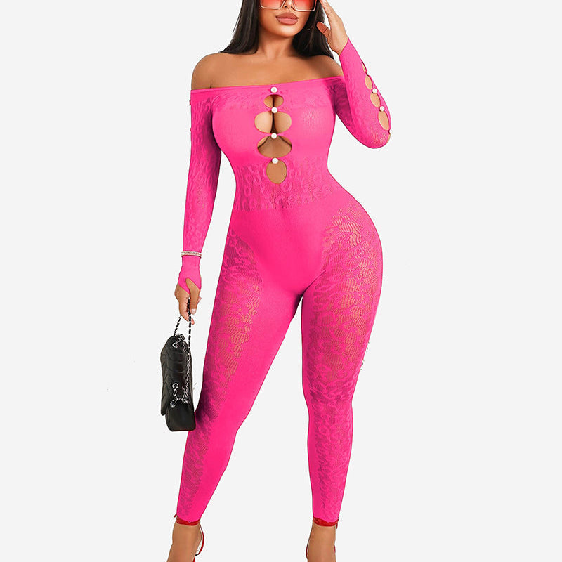 Pink fishnet bodysuit with off-shoulder design, pearl details, and lace. Sexy lingerie by Avidlove.